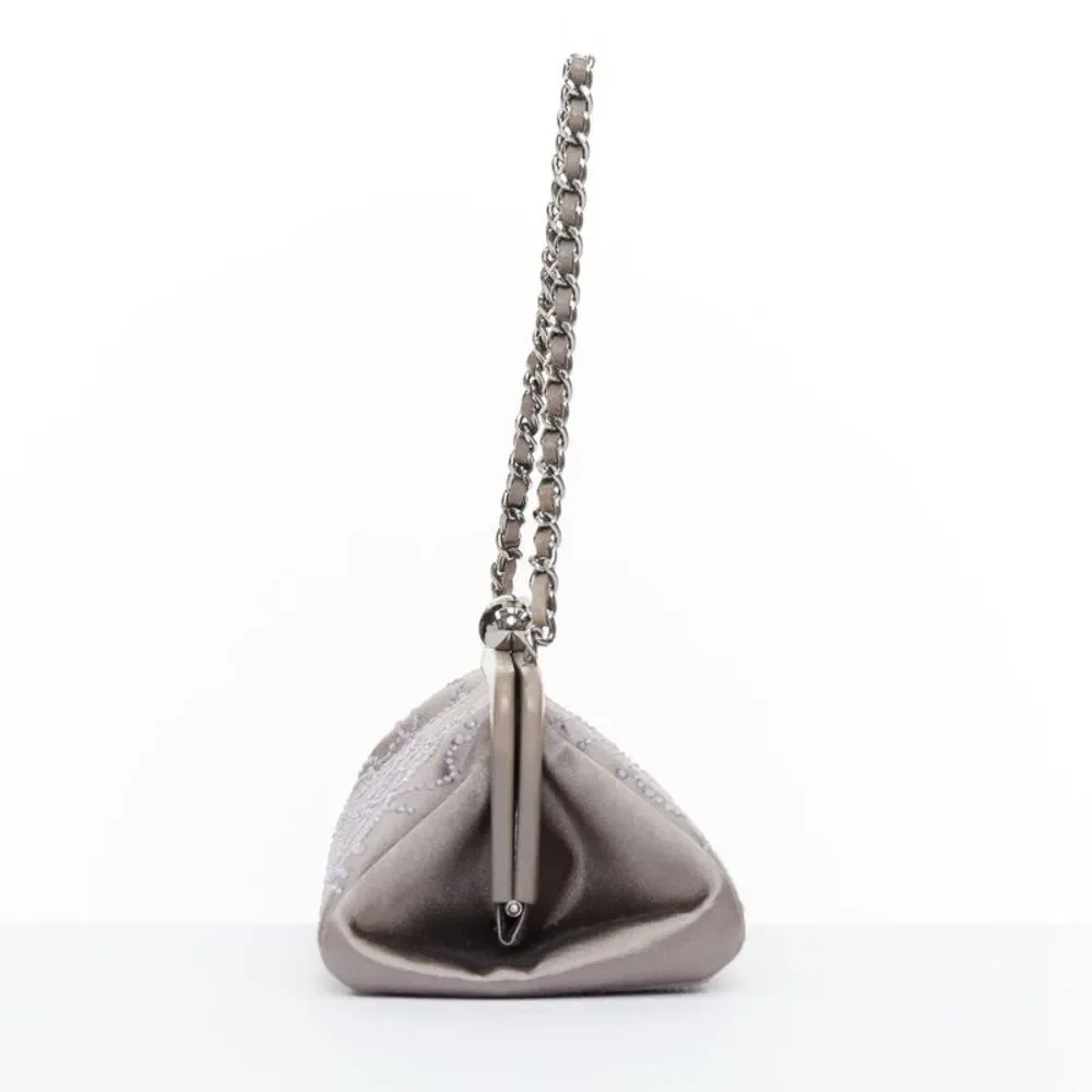 CHANEL 2000 pink pearl beaded grey satin crystal CC kiss lock frame clutch bag